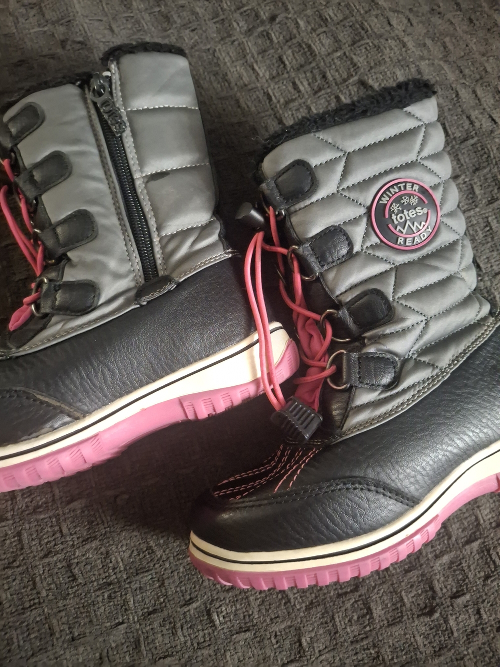 totes Kids Quilted Winter Boots in Gray, Black and Pink
